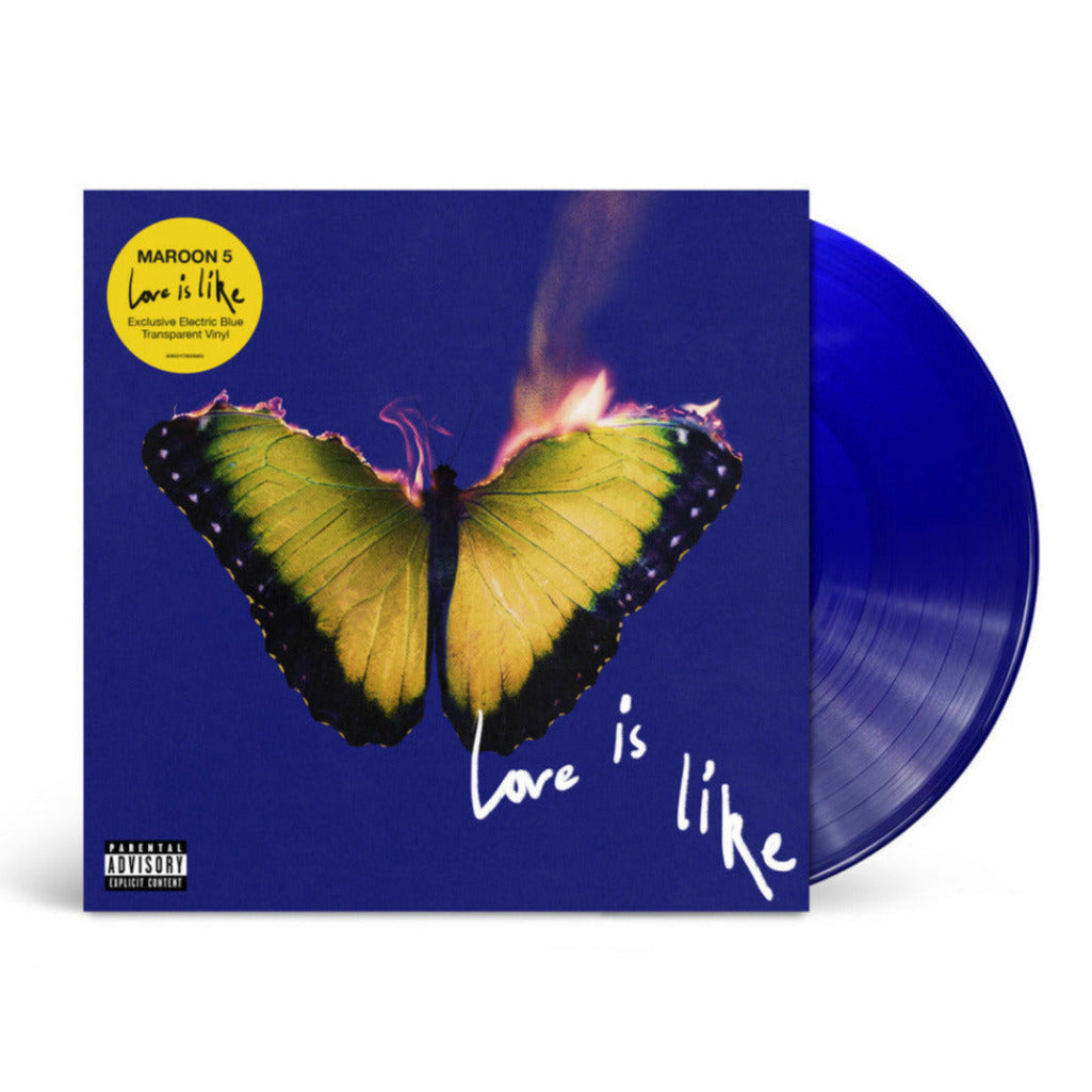 Vinyl record with a butterfly design and 'Love is Like' text on a blue background