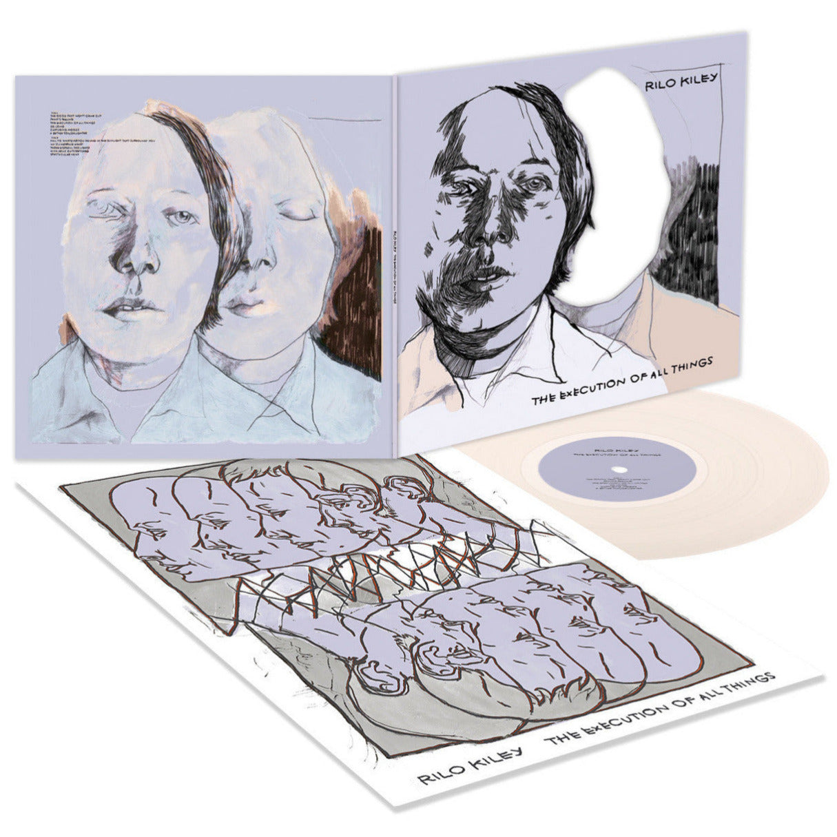 Vinyl record with artistic cover and included booklets on a white background