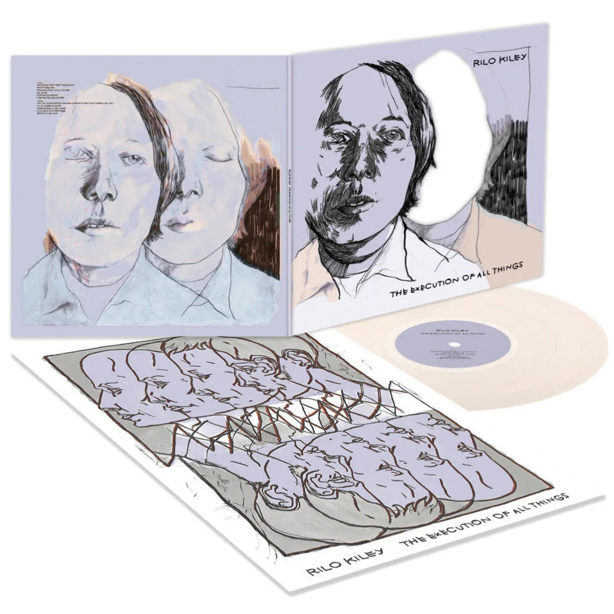 Vinyl record with artistic cover and included booklets on a white background