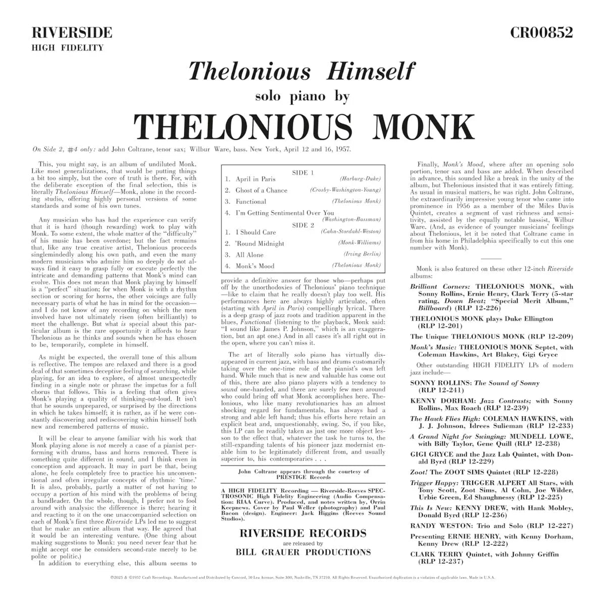Thelonious Monk - Thelonious Himself (Original Jazz Classics Series) (180 Gram) (LP) - Joco Records