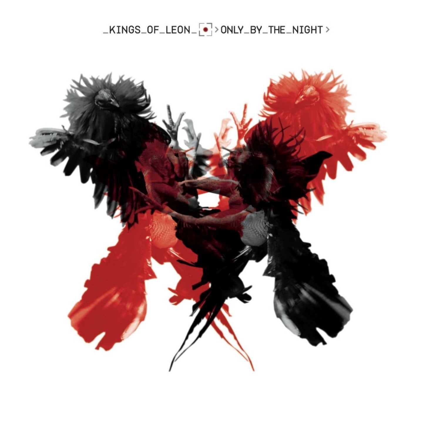 Album cover with abstract design of two figures in red and black on a white background, featuring the text 'Kings of Leon Only by the Night'.