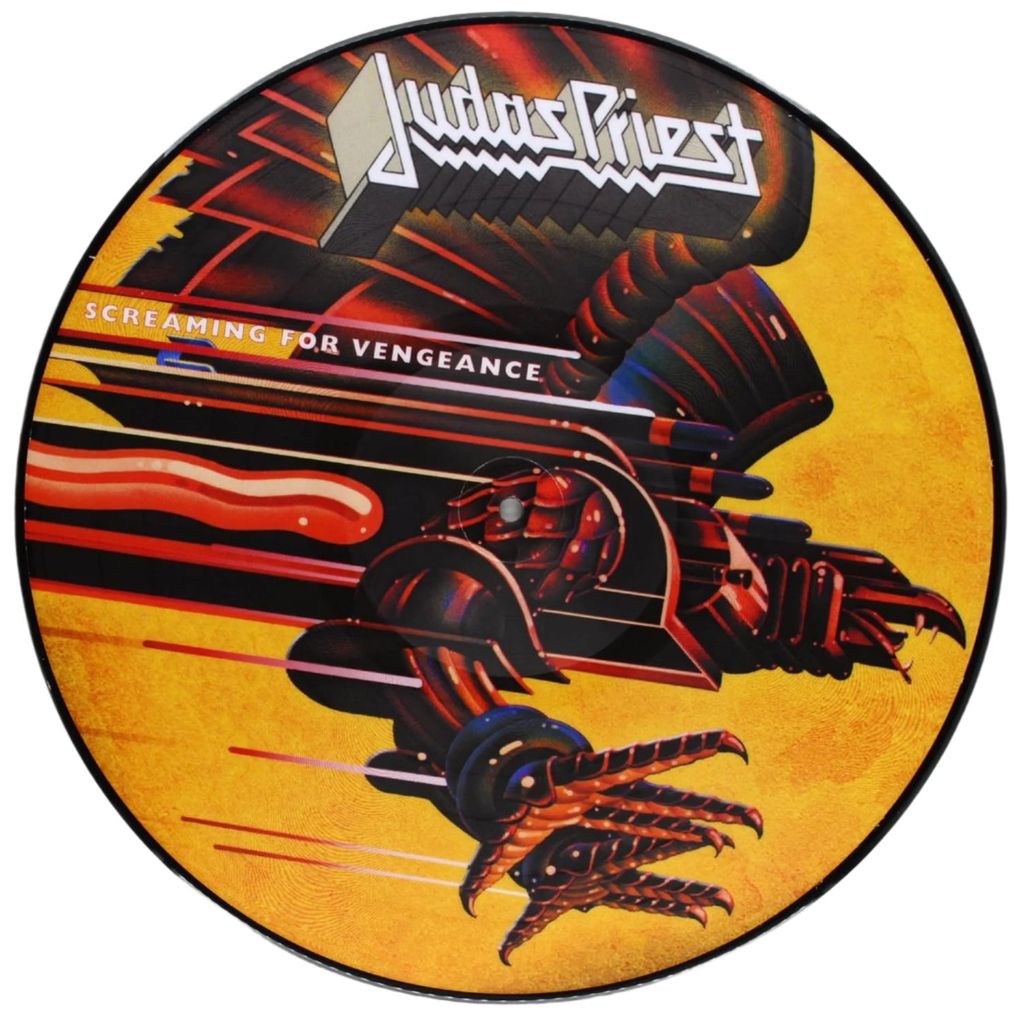 Vinyl record cover for 'Screaming for Vengeance' by Judas Priest with robot design and band name.
