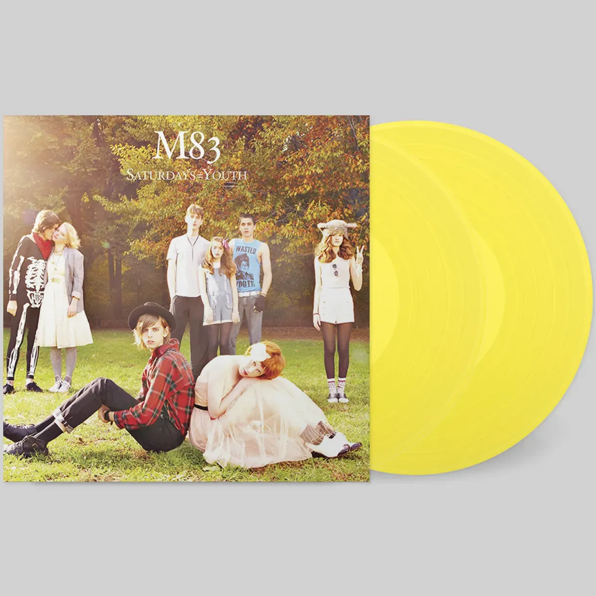 Vinyl record with a cover featuring a group of people in an outdoor setting, labeled M83 'Saturday's Youth'.