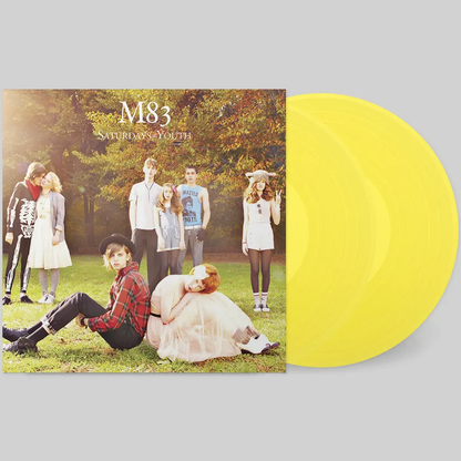 Vinyl record with a cover featuring a group of people in an outdoor setting, labeled M83 'Saturday's Youth'.