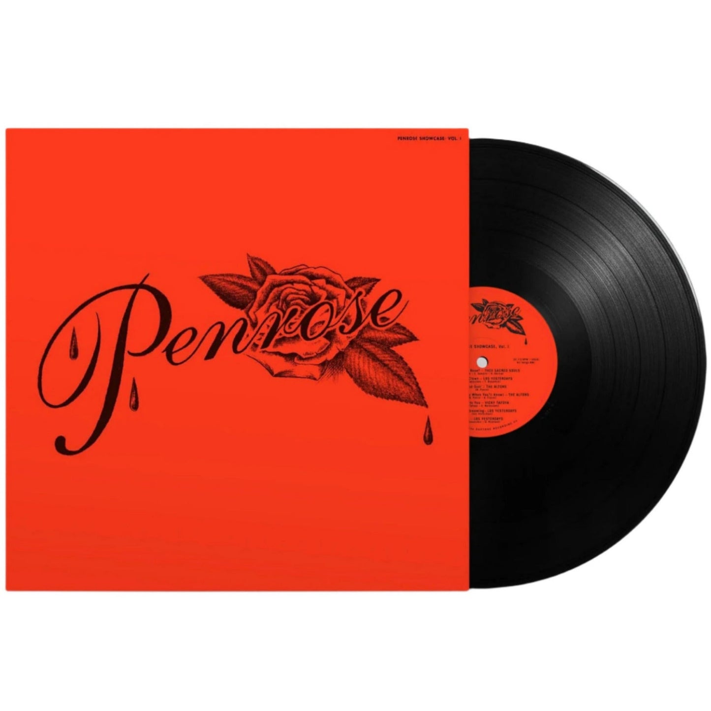 Vinyl record with red cover featuring the word 'Penrose' and a rose design on a white background.