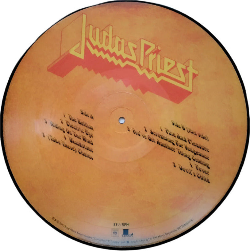 Picture disc vinyl with Judas Priest logo and track listing on a light blue background