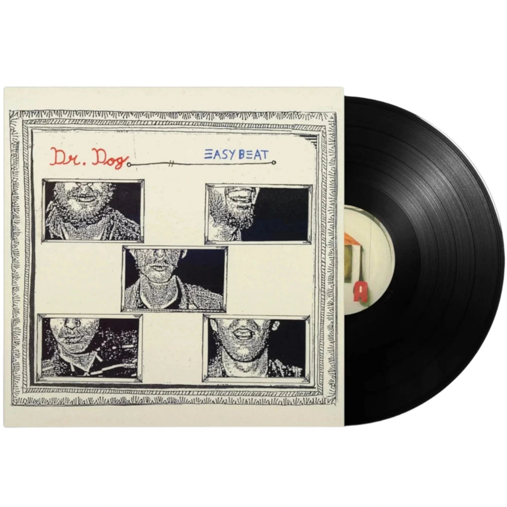 Vinyl record with a cover featuring black and white images and text.
