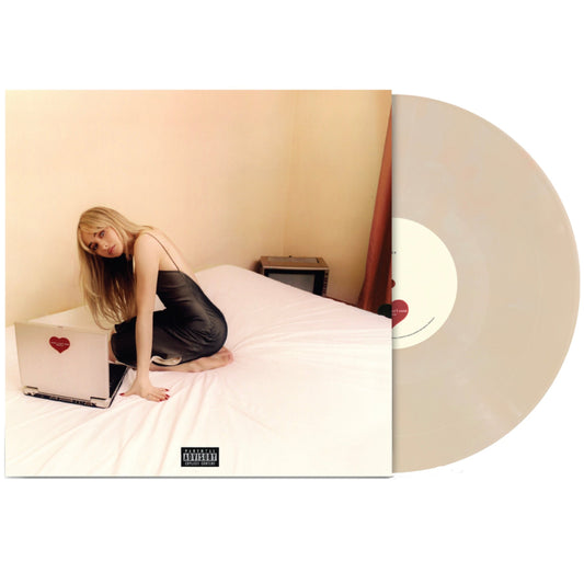 Vinyl record with a split design showing a person on a bed and a record cover.