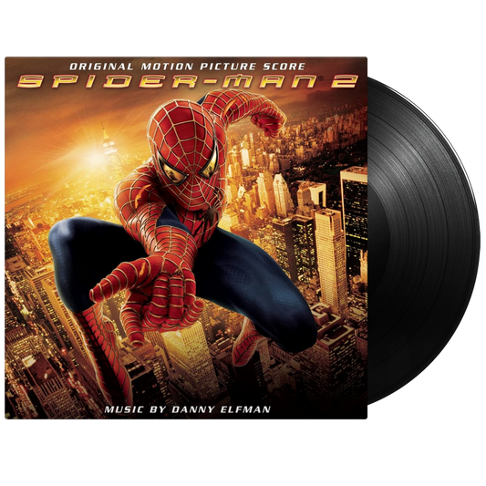 Vinyl record of 'Spider-Man 2' original motion picture score with Spider-Man on the cover.