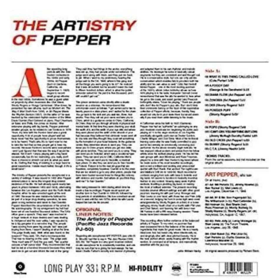 Art Pepper - The Artistry Of Pepper (Limited Import, Remastered, 180 Gram) (LP) - Joco Records