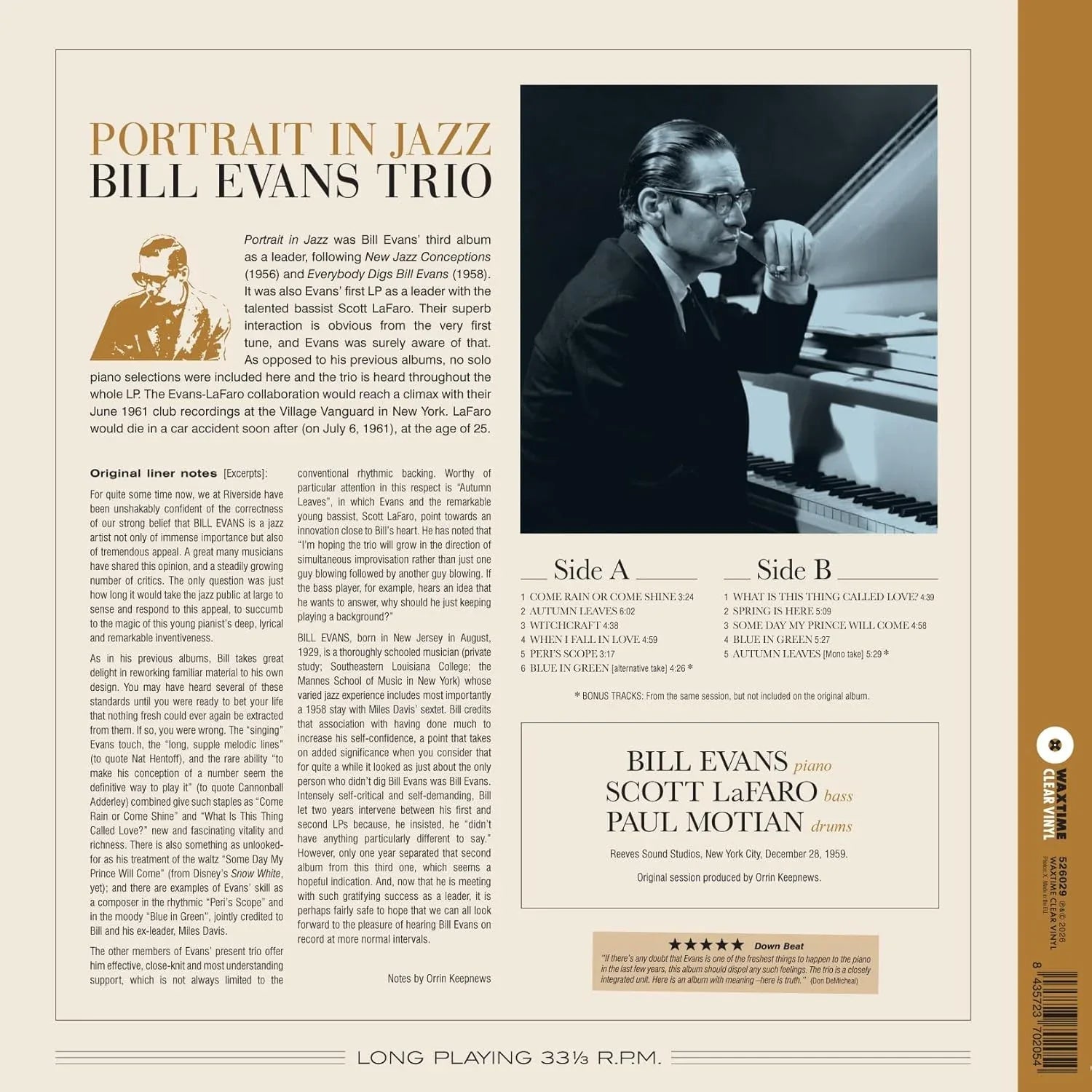 Bill Evans Trio - Portrait In Jazz (Limited Edition Import, 180 Gram Crystal Clear Vinyl with Bonus Tracks) (LP) - Joco Records