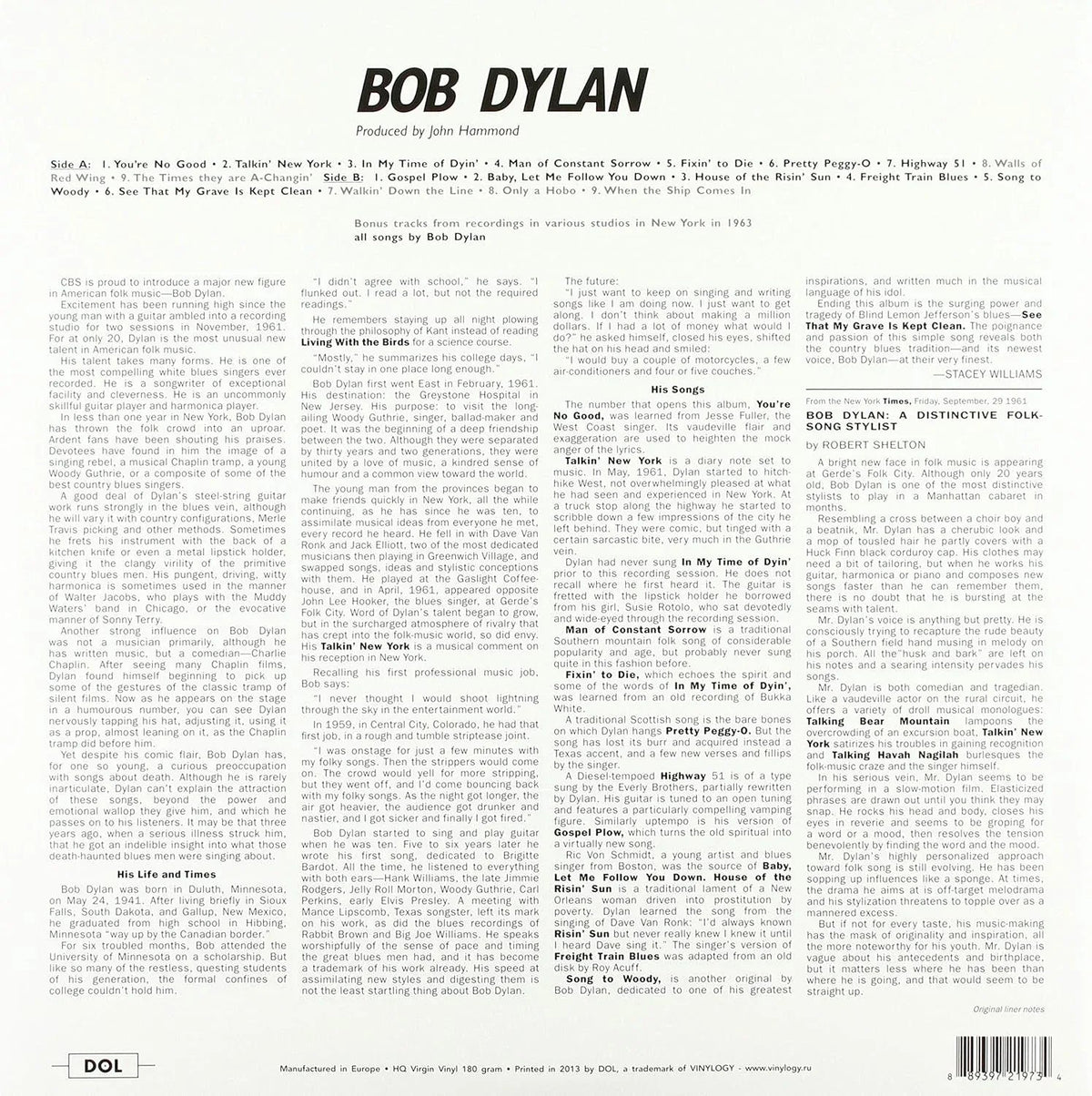 Bob Dylan - Bob Dylan (Import, Gatefold, 180 Gram) (LP) - Joco Records