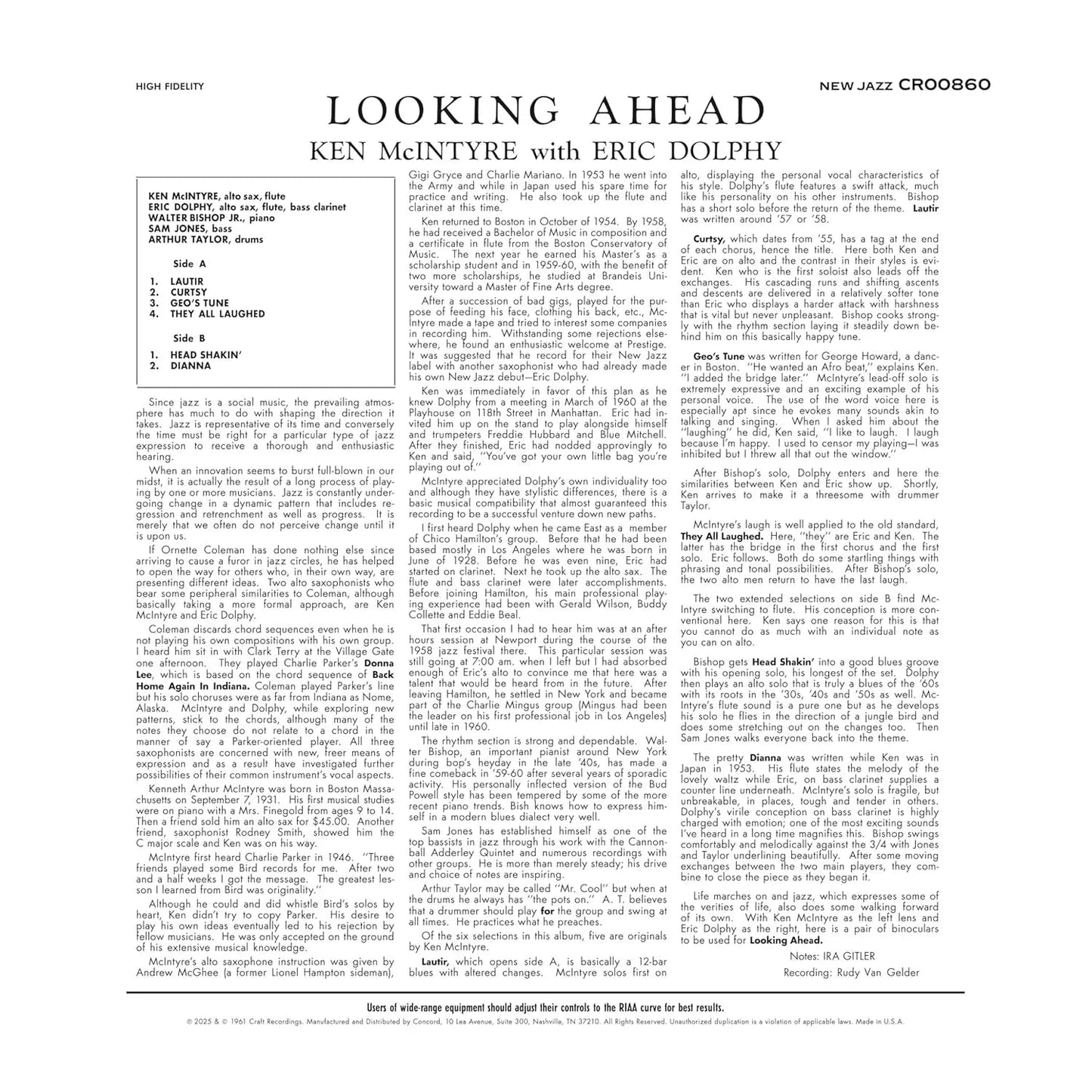 Ken McIntyre & Eric Dolphy - Looking Ahead (Original Jazz Classics Series) (180 Gram) (LP) - Joco Records