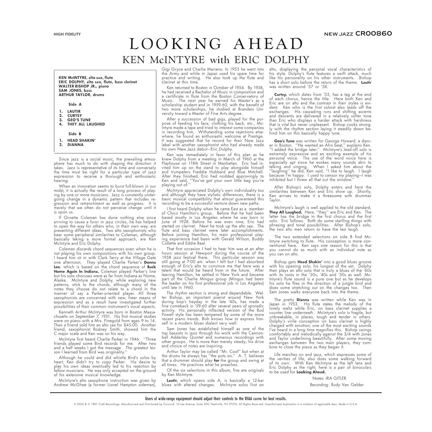 Ken McIntyre & Eric Dolphy - Looking Ahead (Original Jazz Classics Series) (180 Gram) (LP) - Joco Records