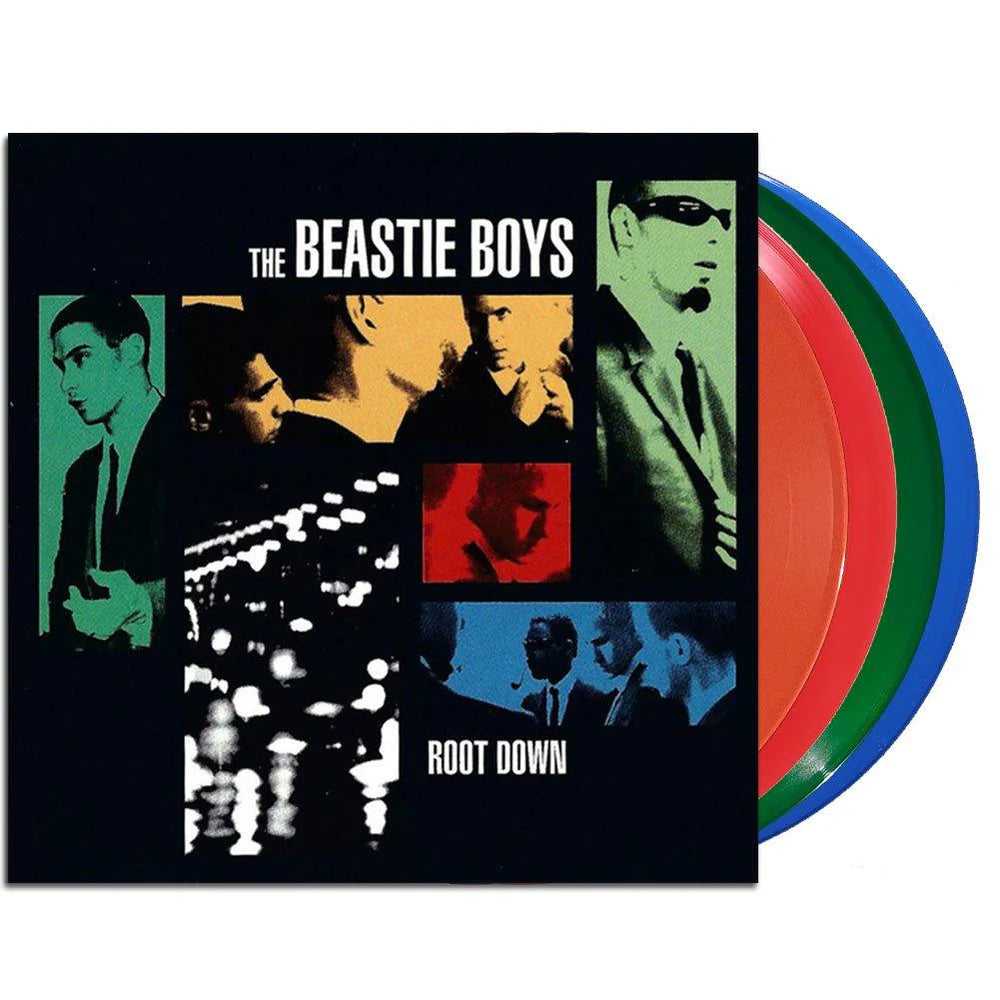 Vinyl record set with 'The Beastie Boys' album cover featuring band members and colorful disc design.