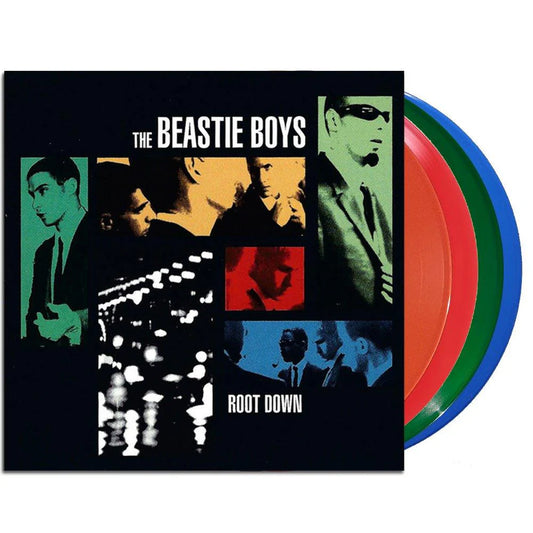 Vinyl record set with 'The Beastie Boys' album cover featuring band members and colorful disc design.