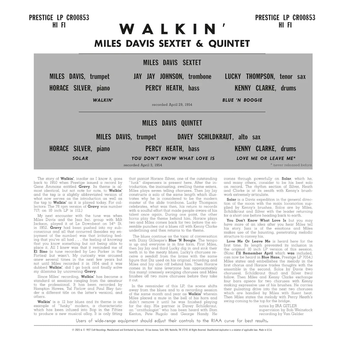 Miles Davis All Stars - Walkin' (Original Jazz Classics Series) (180 Gram) (LP) - Joco Records