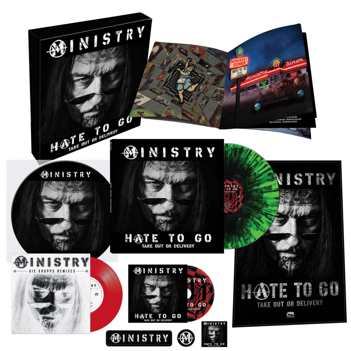 Ministry - Hate To Go - Take Out Or Delivery (Deluxe Box Edition) (Black/Green Splatter) (4 LP) - Joco Records