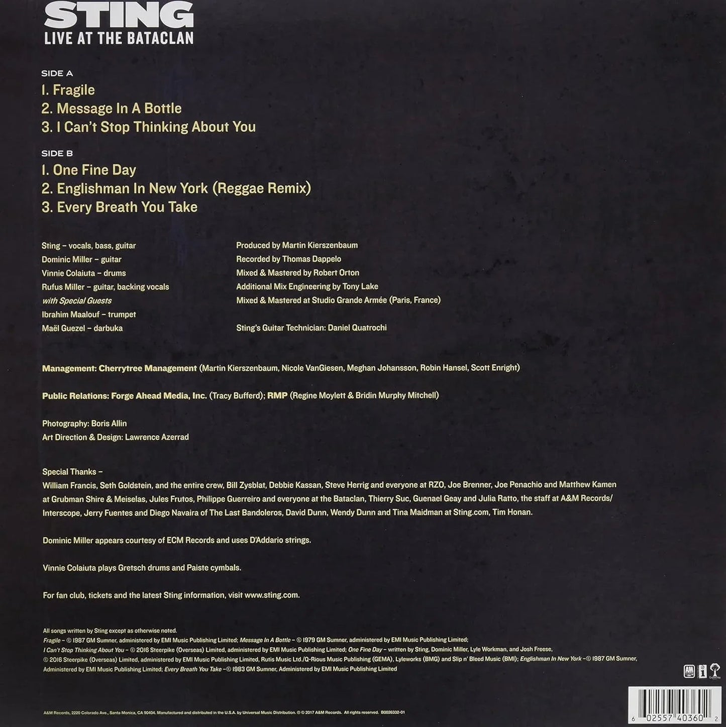 Sting - Live At The Bataclan (RSD Exclusive Release) (LP) - Joco Records