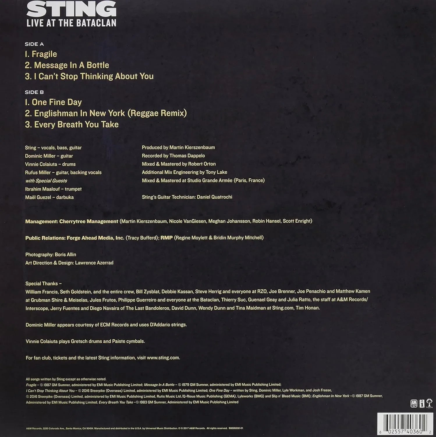 Sting - Live At The Bataclan (RSD Exclusive Release) (LP) - Joco Records