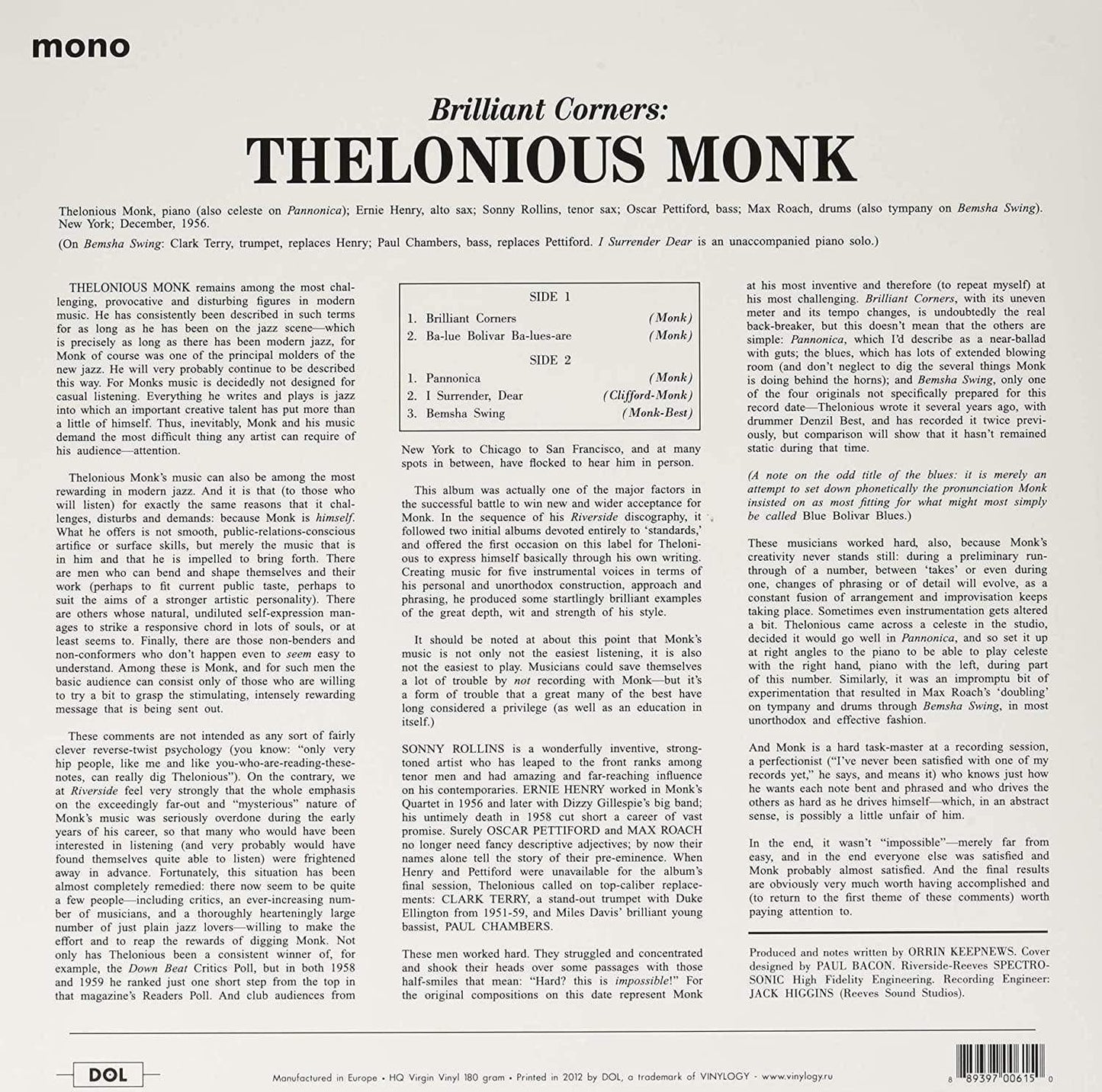 Thelonious Monk & Sonny Rollins - Brillant Corners (Limited Edition, Mono, 180 Gram, Blue Vinyl) (LP) - Joco Records