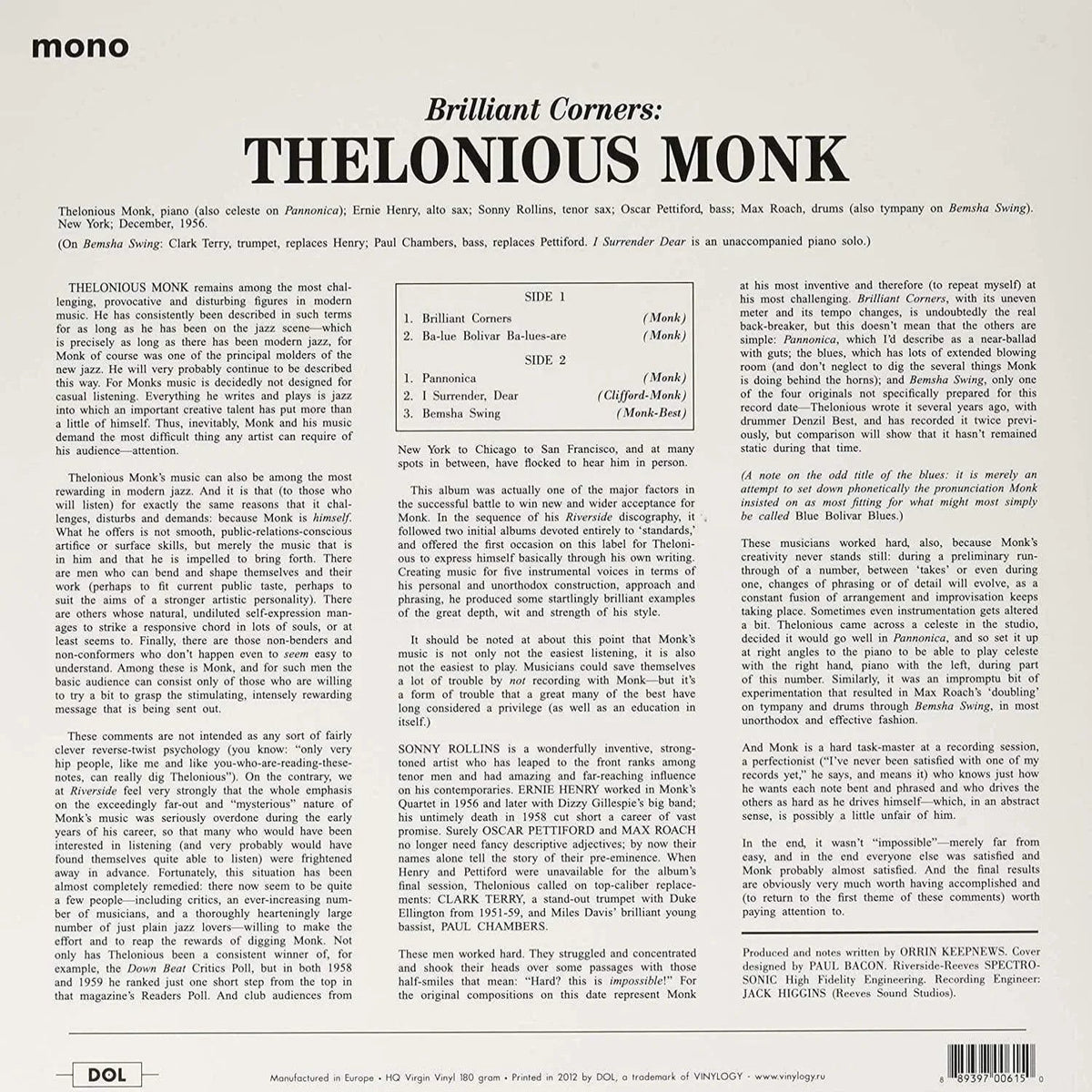 Thelonious Monk & Sonny Rollins - Brillant Corners (Limited Edition, Mono, 180 Gram, Blue Vinyl) (LP) - Joco Records